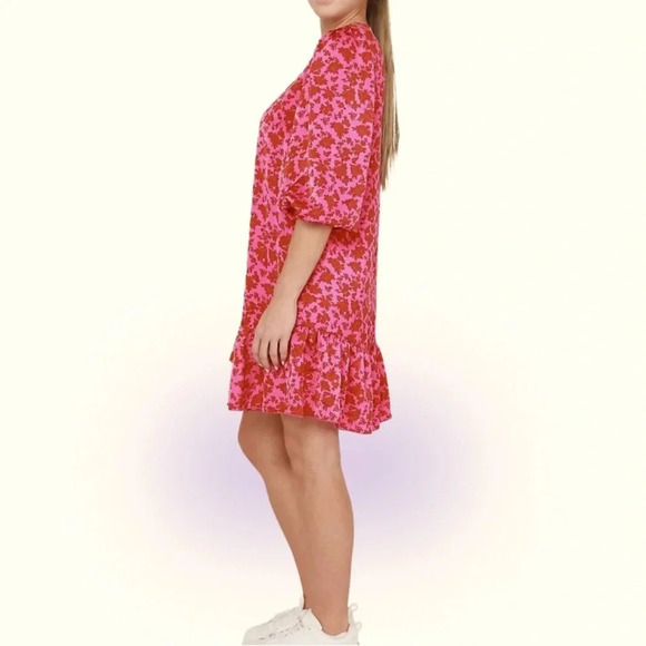 Dex light satin 3/4 puff sleeves V neck Floral Ruffled Hem midi dress Sz XL - Picture 1 of 17